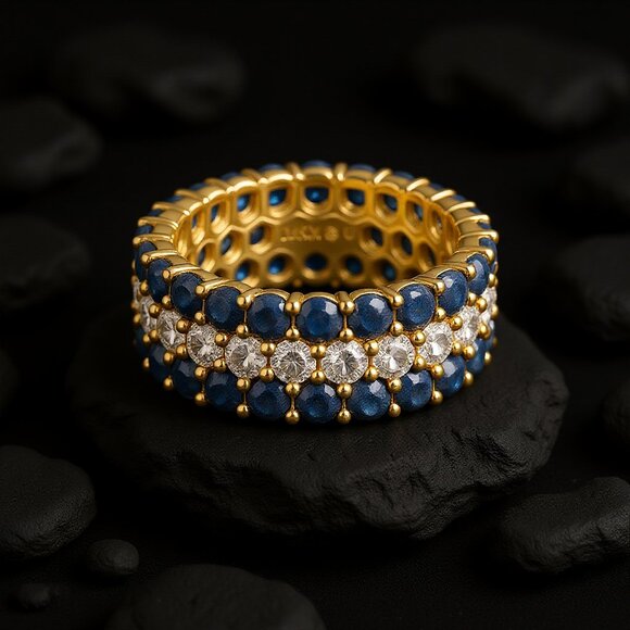 Blue Sapphire 14K (or 18k upon request) Yellow Gold Diamond Eternity Band Ring - Picture 4 of 6